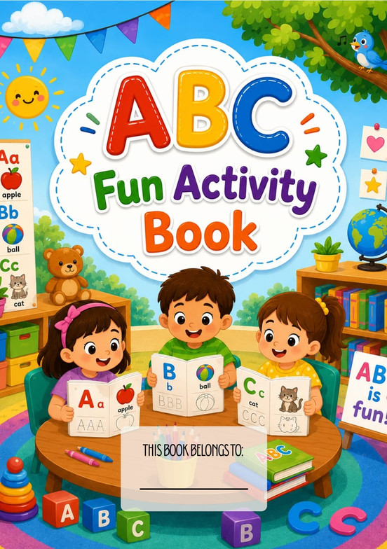 ABC Fun Activity Book cover showing three children practicing letters at a classroom table