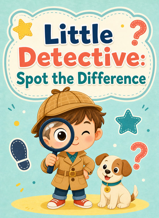 Little Detective: Spot the Difference cover showing a child detective with a magnifying glass and a puppy
