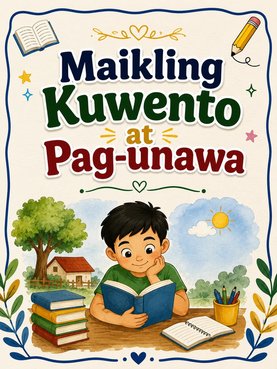 Pabalat ng Maikling Kwento at Pag-unawa na may batang nagbabasa sa mesa kasama ang mga aklat at lapis