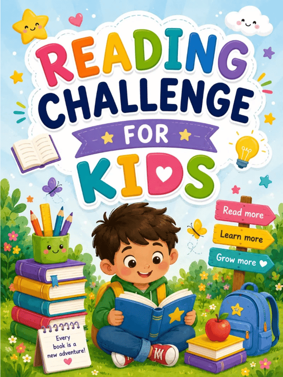 Reading Challenge for Kids cover showing a child reading beside a stack of books