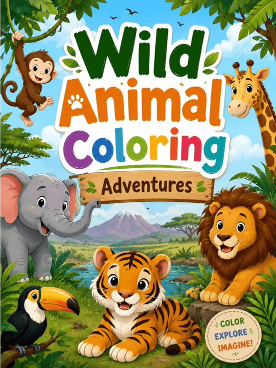 Wild Animal Coloring Adventures cover with a tiger, elephant, lion, giraffe, monkey, and toucan