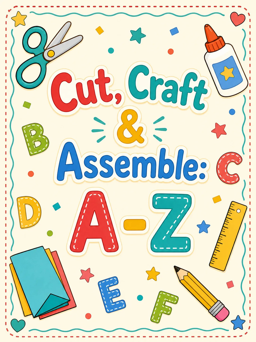 Cut, Craft & Assemble: A–Z cover with colorful letters, scissors, glue, a ruler, and a pencil