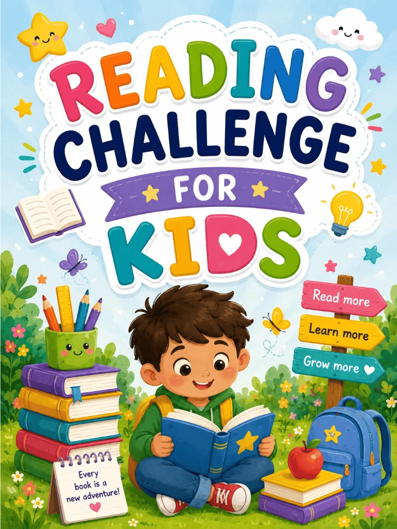 Reading Challenge for Kids cover showing a child reading beside a stack of books