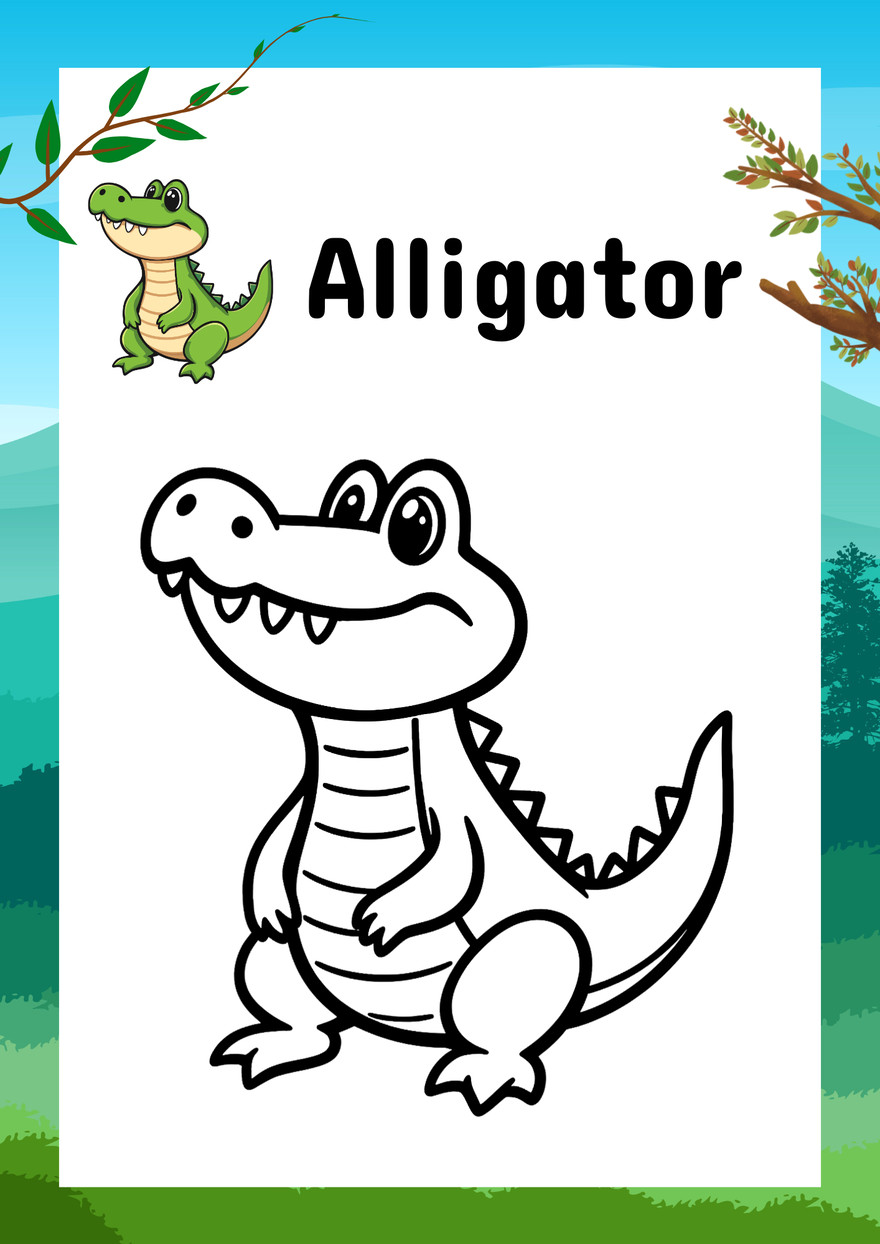 Alligator coloring page with a small colored alligator example above the outlined animal