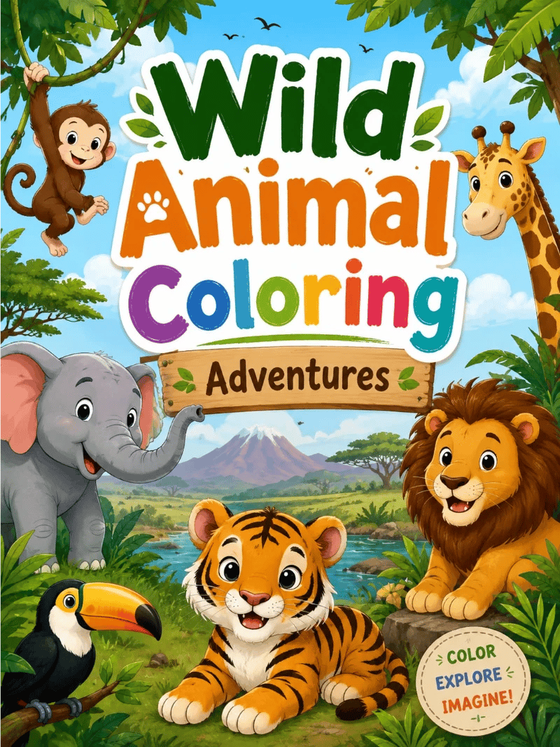 Wild Animal Coloring Adventures cover with a tiger, elephant, lion, giraffe, monkey, and toucan