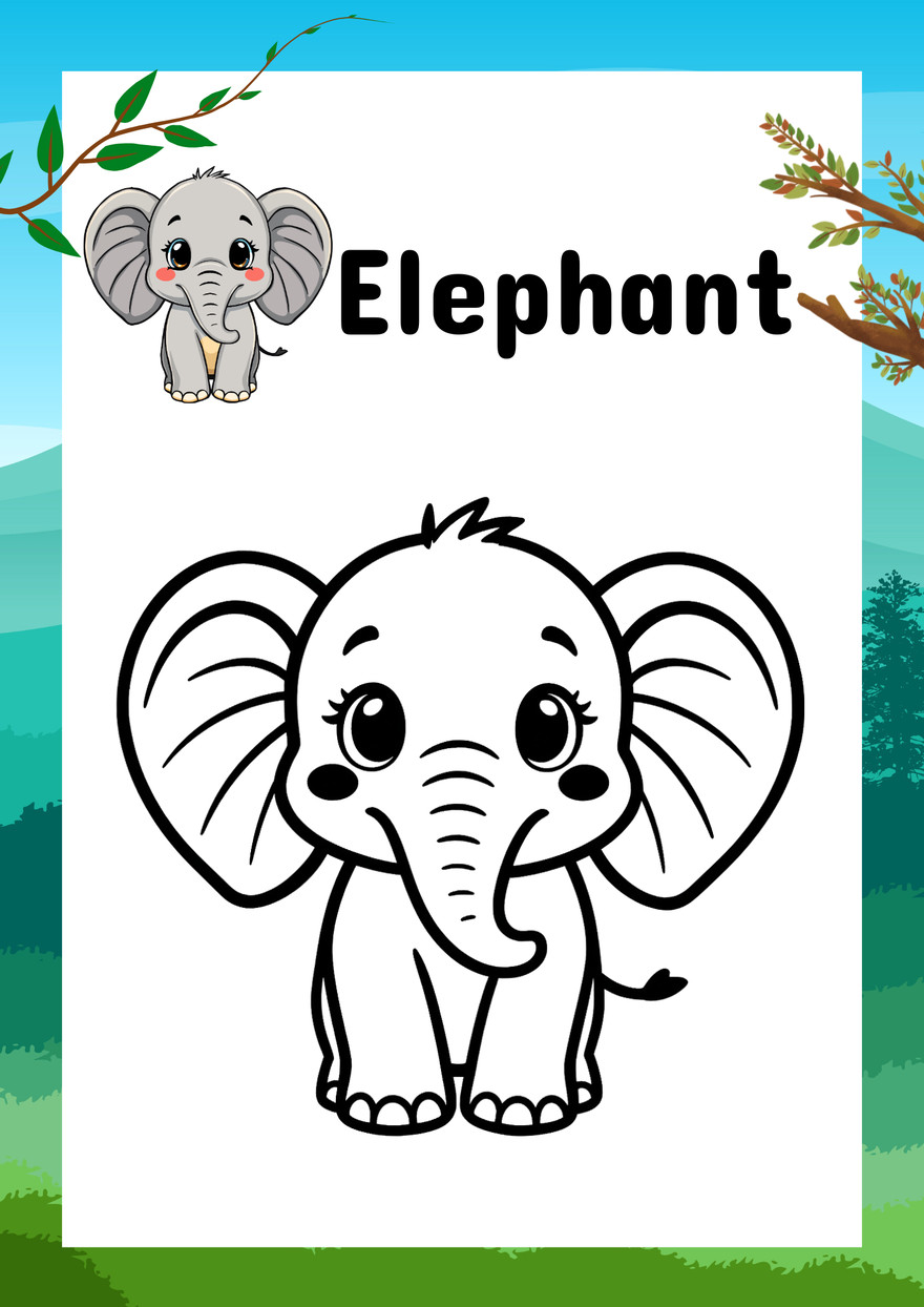 Elephant coloring page with a small colored elephant example above the outlined animal