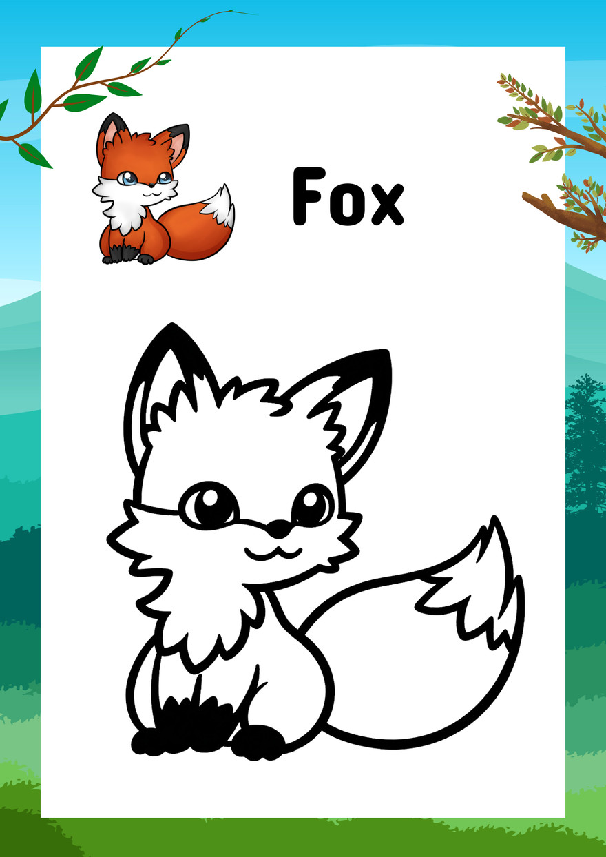 Fox coloring page with a small colored fox example above the outlined animal