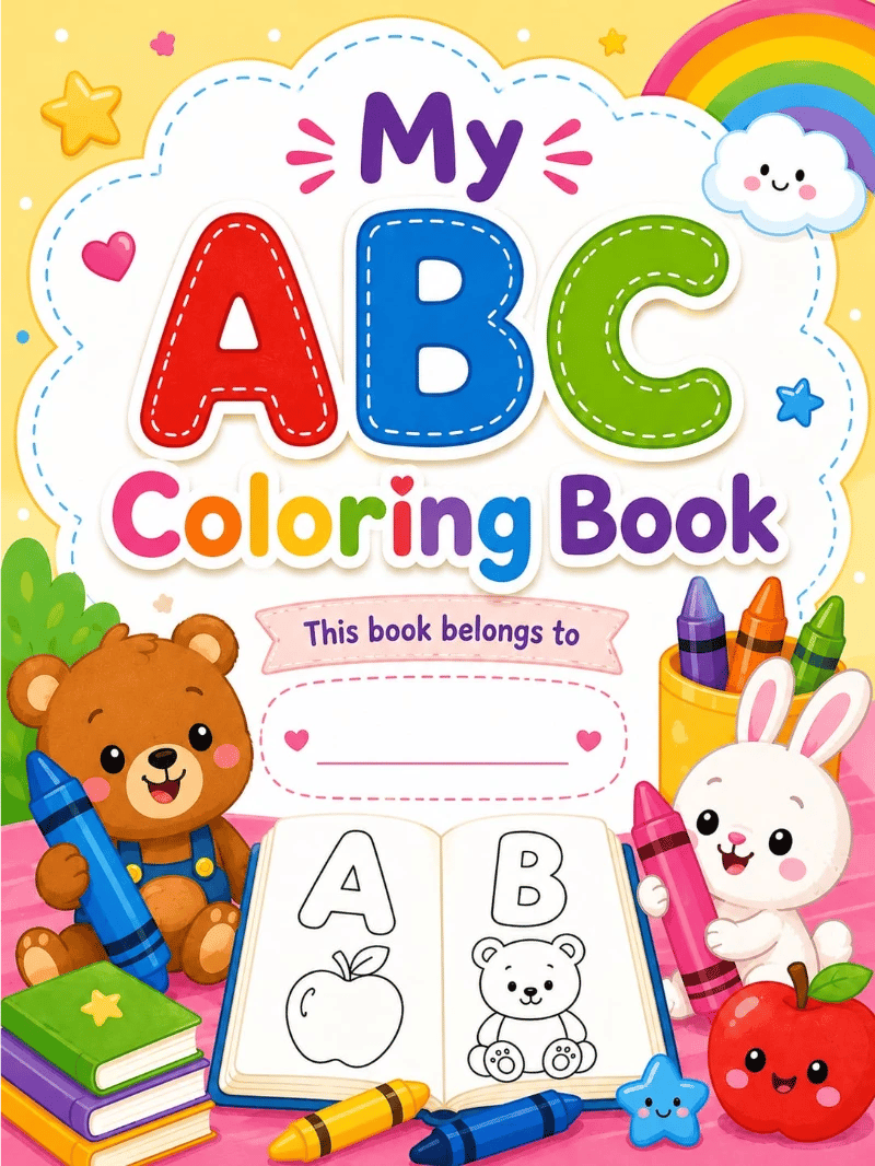 My ABC Coloring Book cover with a bear, rabbit, crayons, and the letters A, B, and C
